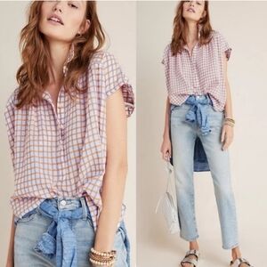 PILCRO ANTHROPOLOGIE‎ the serena surf Plaid Button Short Sleeve Blouse Shirt